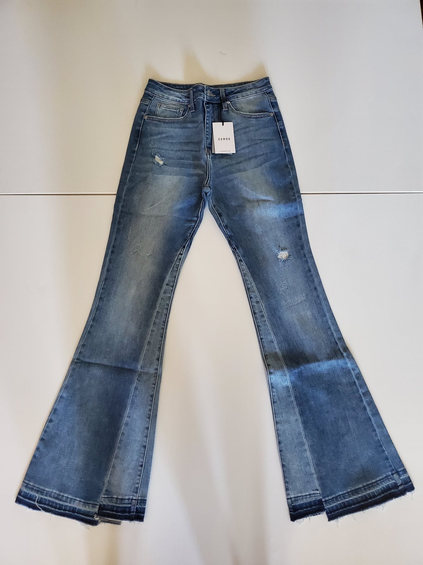 CEROS HIGH RISE TWO TONE FLARE JEANS