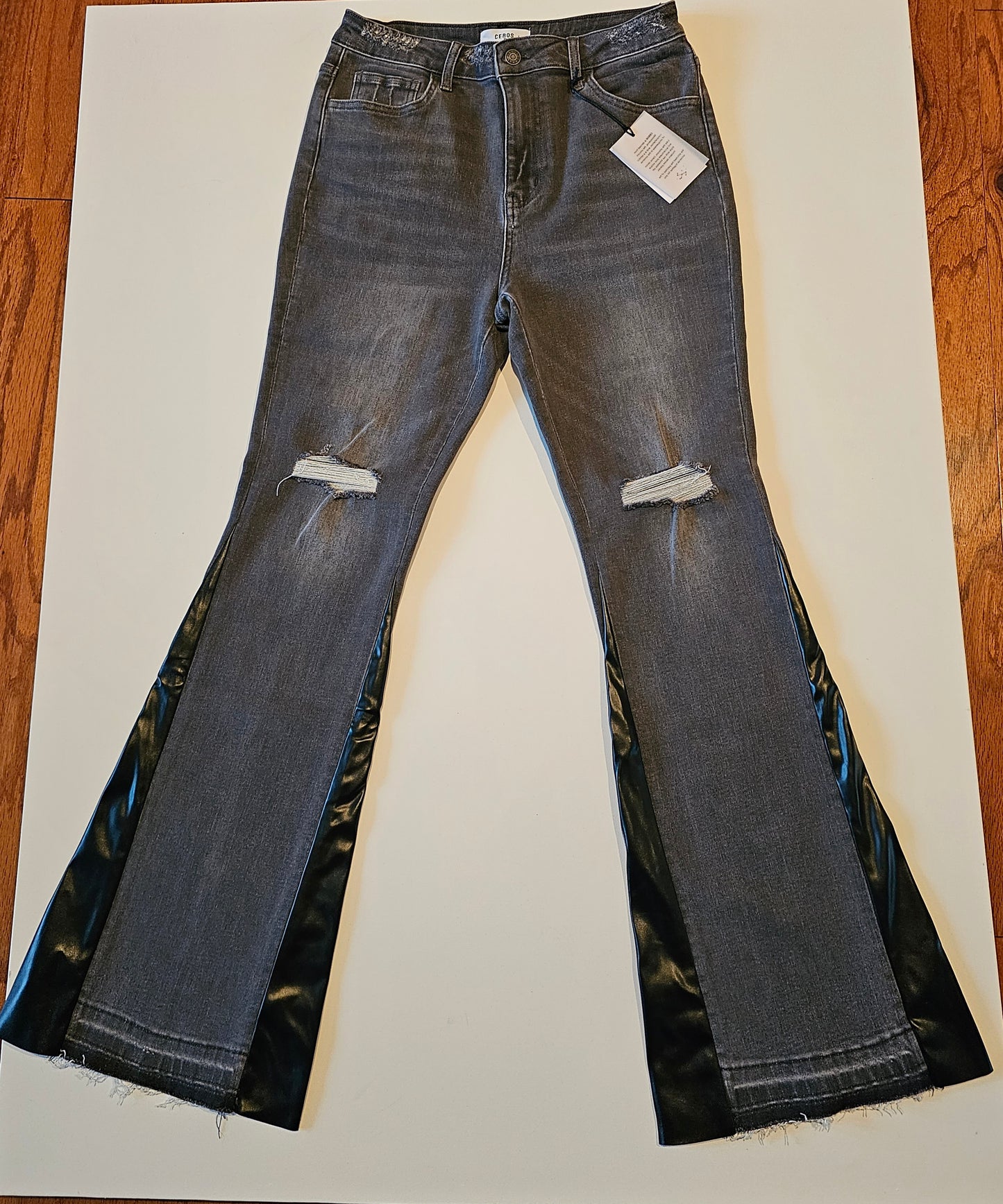 HIGH RISE GREY FLARE JEANS WITH VEGAN FLARE PANNELS