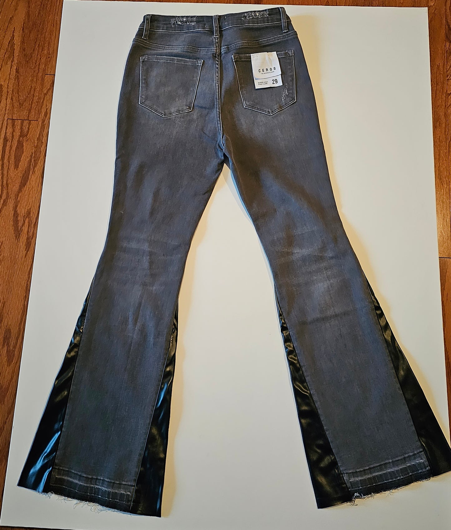 HIGH RISE GREY FLARE JEANS WITH VEGAN FLARE PANNELS