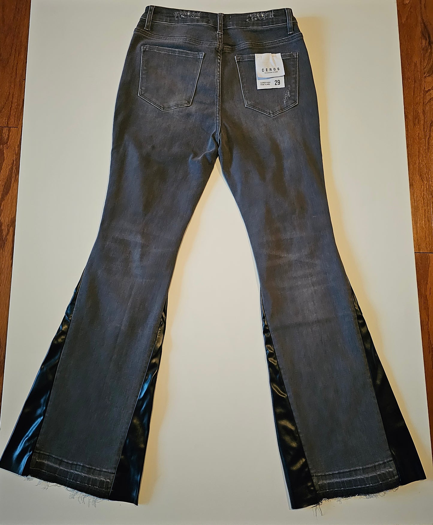 HIGH RISE GREY FLARE JEANS WITH VEGAN FLARE PANNELS