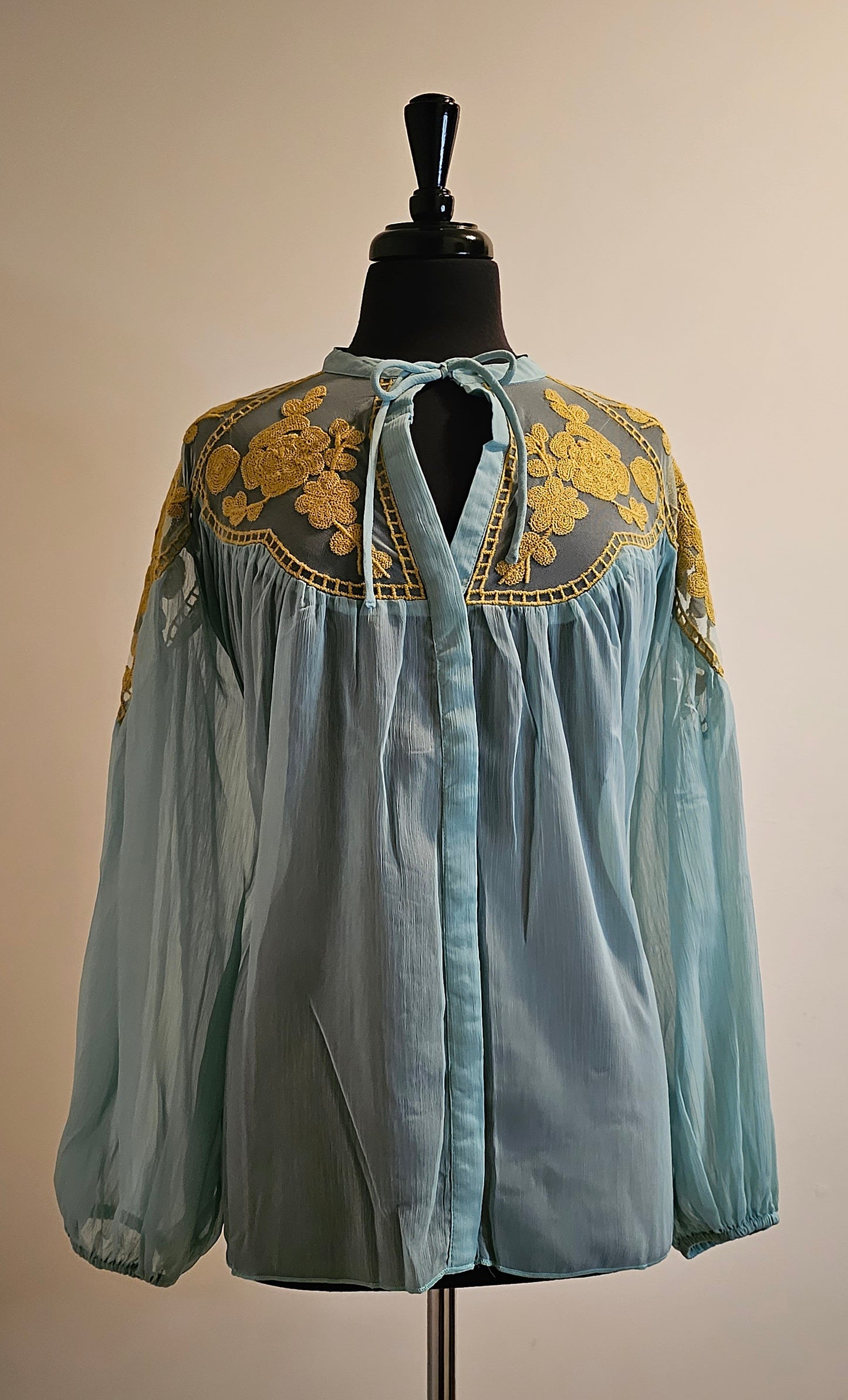 CAMELLIA TEAL TOP WITH YELLOW EMBROIDERY