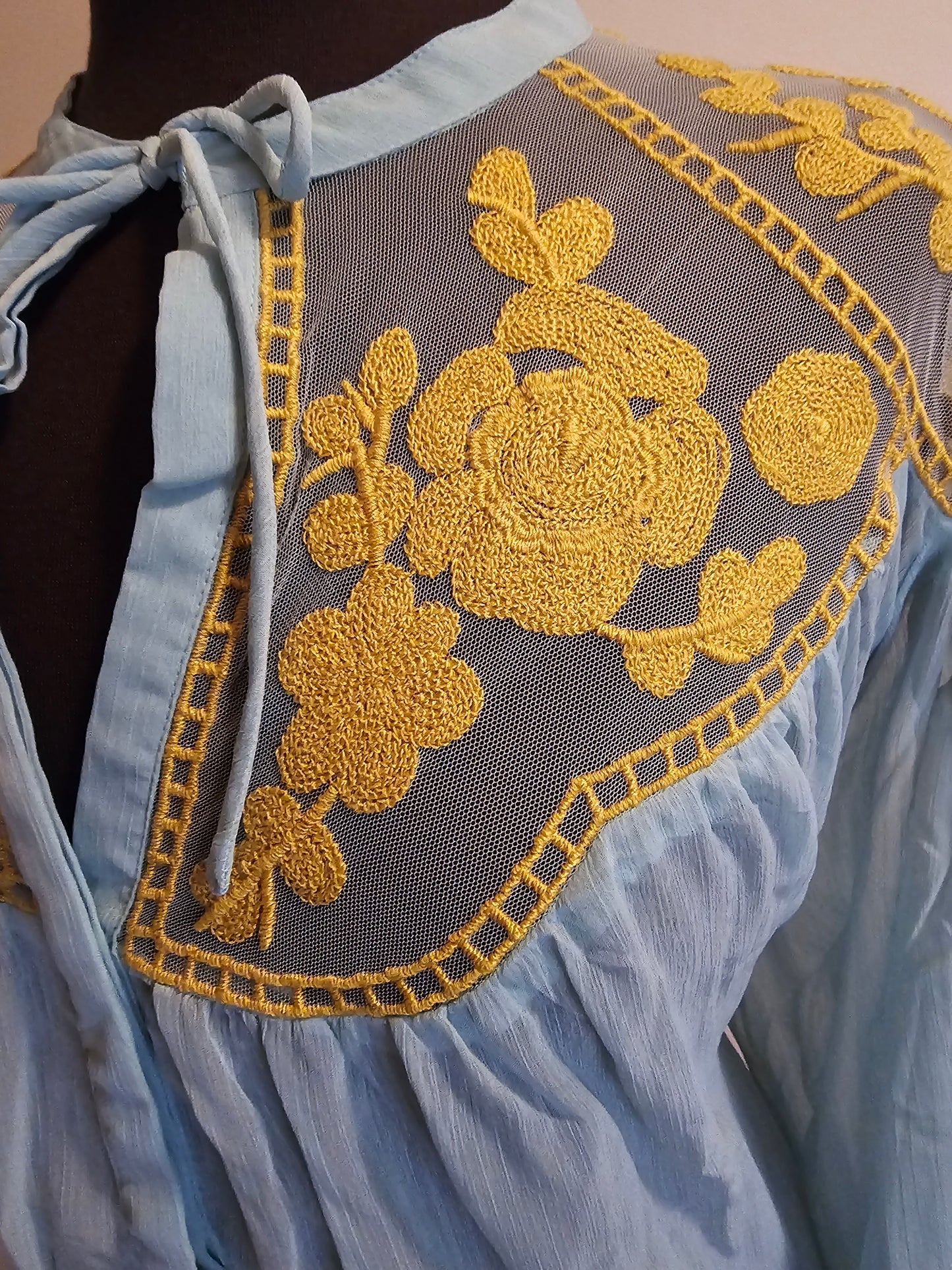 CAMELLIA TEAL TOP WITH YELLOW EMBROIDERY