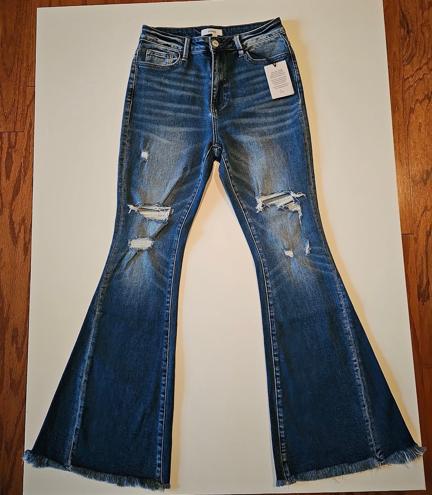 HIGH RISE SUPER FLARE  DISTRESSED JEANS