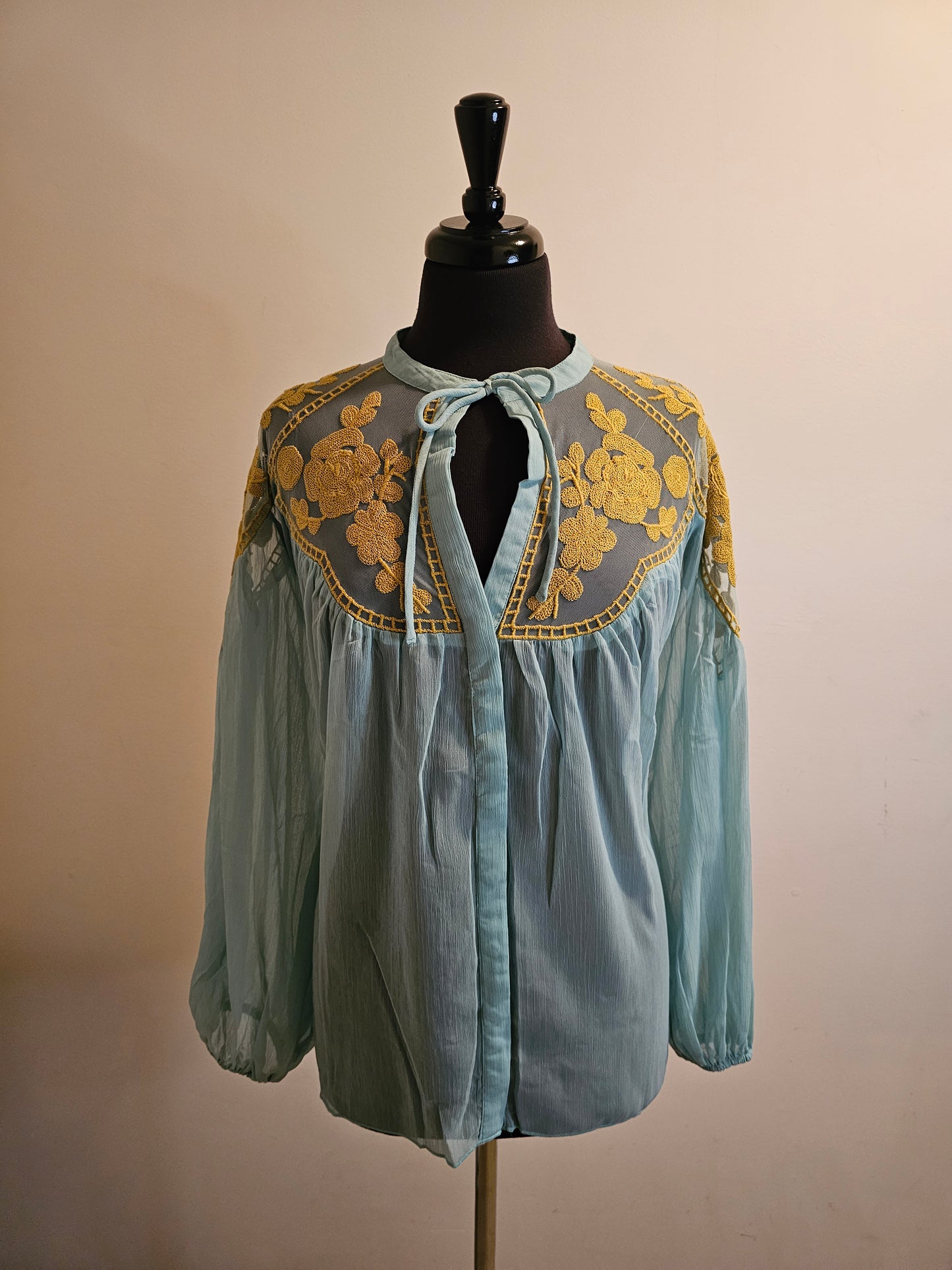 CAMELLIA TEAL TOP WITH YELLOW EMBROIDERY